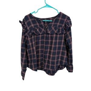 Madwell Real Comfort Cotton Plaid Ruffle Blouse Long Sleeve Split Neck Check M
